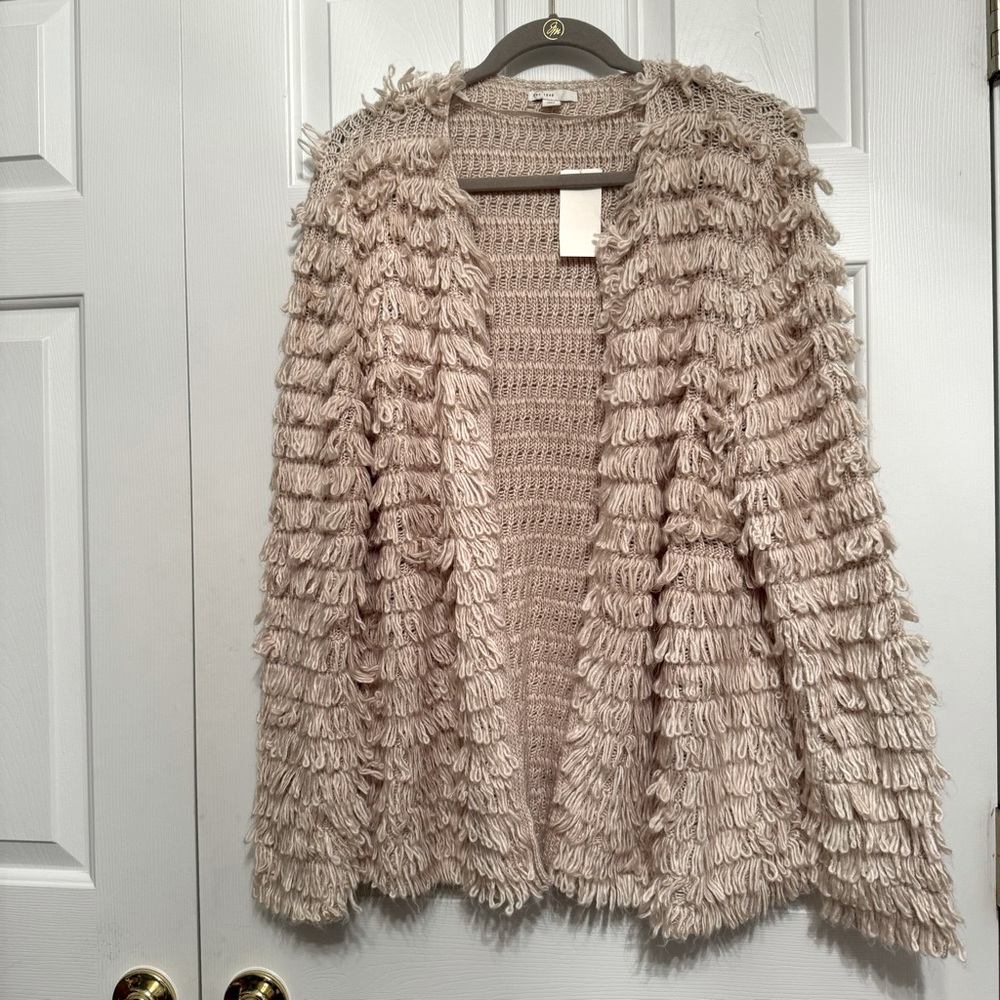 EST. 1946 / Loop Knit Cream Shaggy Fringe Cropped Open Cardigan Sweater Sz XL